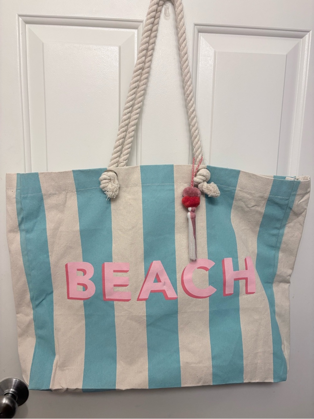 Eccolo Blue & Cream Striped 'BEACH' Tote with Pink Lettering